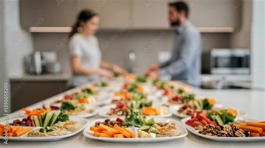 Staff arranging portioned plates of healthy snacks on a compact kitchenette counter the prepared meals crisp in focus with surrounding area out of focus.