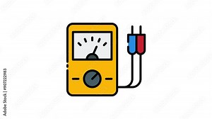 Yellow multimeter with a needle pointing to the right, red and blue wires plugged in icon motion graphic animation