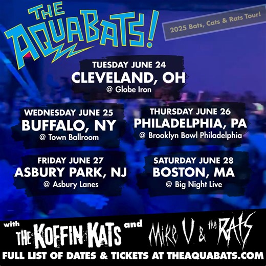 Join The Aquabats! as they blast through your town on their Bats, Kats and Rats 2025 Summer Tour! Don’t miss your chance to see this legendary band LIVE with special guests The Koffin Kats and Mike V. & The Rats! Tickets are going fast! Grab yours now and get ready to ROCK! | The Aquabats!