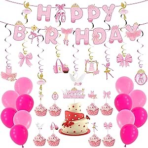 45 PCS Ballerina Birthday Party Decorations, Pink Ballet Birthday Banners, Hanging Spirals, Cake Cupcake Topper, Pink Balloons, Dance Tutu Party Decorations Ballet Decor Ballerina Decorations