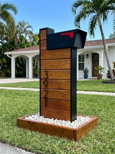 Modern Locking Mailbox With Walnur Wood and Stone Base-contemporary Outdoor Mailbox With Custom House Numbers - Etsy