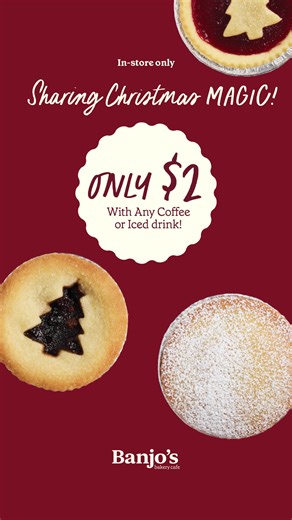 Go to your closest Banjo's and enjoy a Christmas Tart for only $2 with any coffee or Iced drink! ​​​​​​​Our festive favourites are handmade with love to add that extra sparkle to your ✨​​​​​​​holiday season✨ Discover our handmade with love Christmas range in-store or on the Banjo's App today! | Banjo's Bakery Cafe