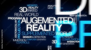 Augmented reality (AR) live direct real-world environment supplemented computer-generated virtual interactive sensor words tag cloud text