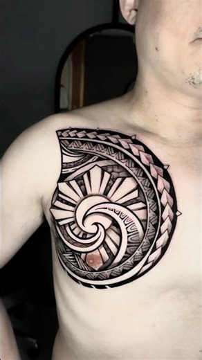 Bold Tribal Half Chest Tattoo With Polynesian Patterns 🔥
