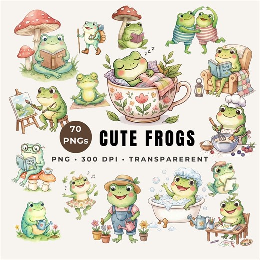 Frog Clipart Bundle PNG Cute Frog Watercolor Transparent Background Animal Clip Art for Sublimation Stickers - Etsy