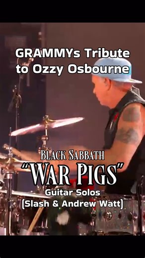 Another look at the fiery tribute to Ozzy Osbourne at the GRAMMYs last night. Here’s the solo section from Black Sabbath’s “War Pigs,” featuring Slash, Duff McKagan, Andrew Watt, Chad Smith and Post Malone. Fun fact: Watt produced and played guitar on Ozzy’s final two solo albums, ‘Patient No. 9’ and ‘Ordinary Man,’ forming an erstwhile rhythm section with McKagan and Smith. Slash and Malone each appeared as featured performers on ‘Ordinary Man.’ #iHeartRadio #BlackSabbath #OzzyOsbourne | Q104.3