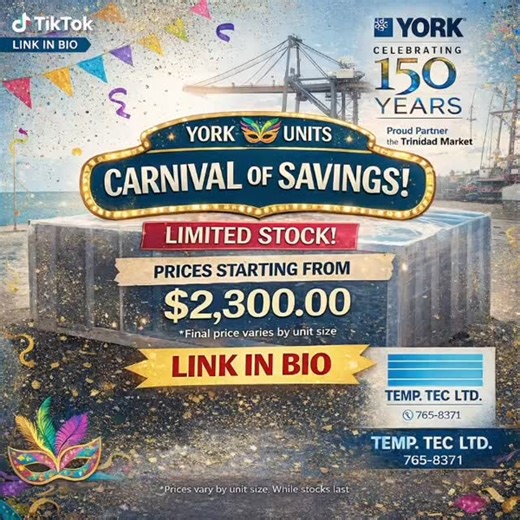 🎭❄️ Carnival of Savings is HERE! ❄️🎭 YORK is celebrating 150 years of trusted cooling, and we’re proud to partner with this iconic brand to bring reliable air conditioning to Trinidad 🇹🇹 💰 Prices starting from $2,300 ❄️ Multiple sizes available ⏳ Limited stock 📲 Tap the link in bio to WhatsApp us now before the heat mash you up 🔥❄️ ⸻ • York AC Trinidad • Air conditioning Trinidad • Carnival deals Trinidad • AC units for sale • HVAC Trinidad • Home cooling solutions #carnivalofsavings #Yor
