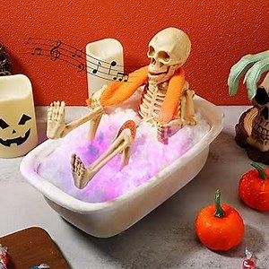 Halloween Indoor Decoration 10 Inch Skeleton Bathing, Animatronic Talking Skeleton Full Body Skeleton Bathing Plastic Bathtub with LED Lights Spooky Gifts for Halloween Home Decor(Orange)