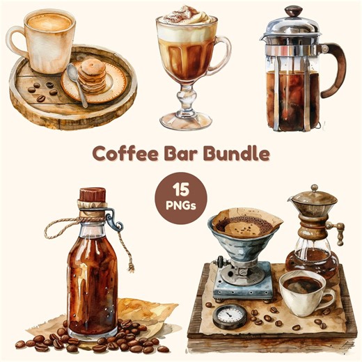 Coffee Clipart PNG Bundle, Coffee Bar Elements, Watercolor Cafe Decor, Coffee Mug Latte Clipart, Cozy Coffee Shop Graphics - Etsy