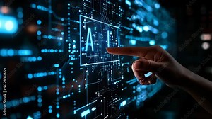 Virtual screen display with letters "AI" Artificial intelligence, male finger pointing on letters.