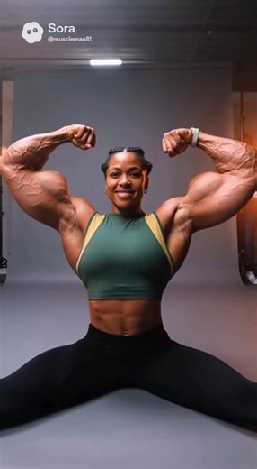 Muscular woman with big arms flexing during photoshoot #strongwoman #sora #flex #muscularwomen #arm @female bodybuilder AI