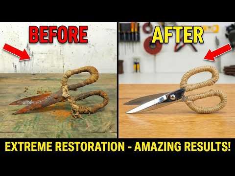 Total restoration of a heavily rusted ancient scissors with rotten handles | Restore TV