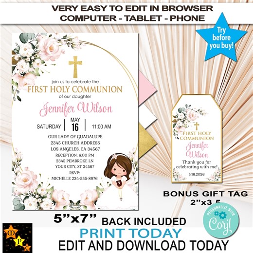 Floral First Communion Invitation and Gift Tag (digital Download) - Etsy