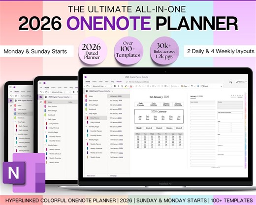 Onenote Planner, 2026 COLORFUL Digital Planner, Onenote Template, Daily, Weekly, Monthly Planning, Windows, Adhd Notebook, One Note - Etsy