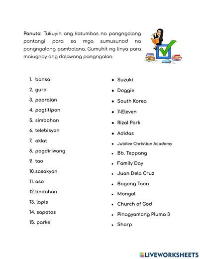 Drill: Pangngalang Pantangi at Pambalana worksheet