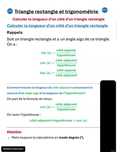 calcul du côté adjacent connaissant l'hypoténuse et un angle aigu #pourtoi #pourvous #ApprendreSurTikTok #MathZoneEducation #Calculatrice