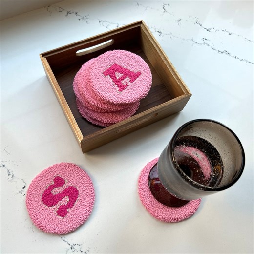 Custom Letter Punch Needle Coaster, Pink Mug Rug, Personalized Gift - Etsy