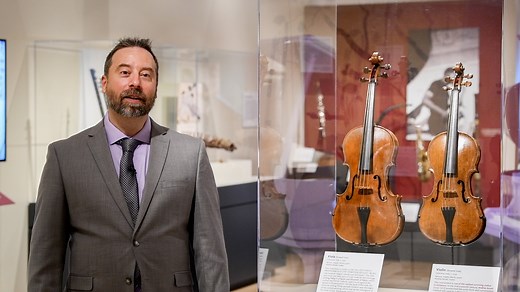 In the mid-16th century, Andrea Amati established the violin form and construction method still used by luthiers today. Did you know that you can see two of the earliest surviving violins and violas in existence at MIM? Hear the story of one of the very first violin makers from MIM curator Matt Zeller! Presented by U.S. Bank Loan courtesy of National Music Museum (NMM) Video description: Matthew Zeller, PhD, MIM’s curator for Europe, speaks next to Amati’s violin and viola, which are displayed i