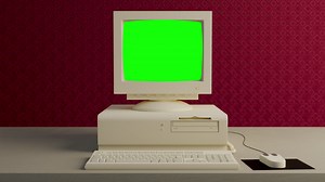 Premium stock video - Obsolete computer booting with glitch and green screen 4k old vintage