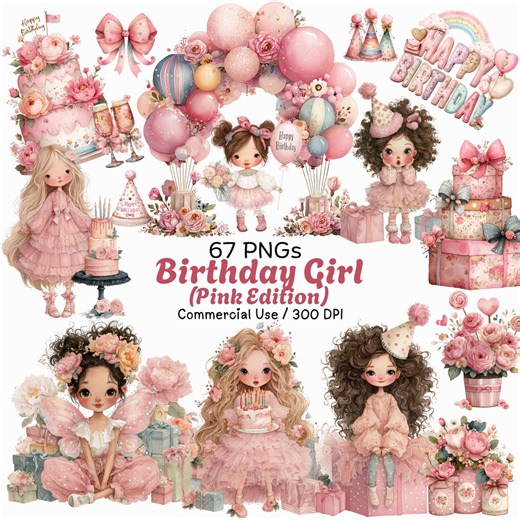 Pink Birthday Girl Clipart: Party Celebration Graphics (digital Download - 67 Pngs, 300 DPI) - Etsy