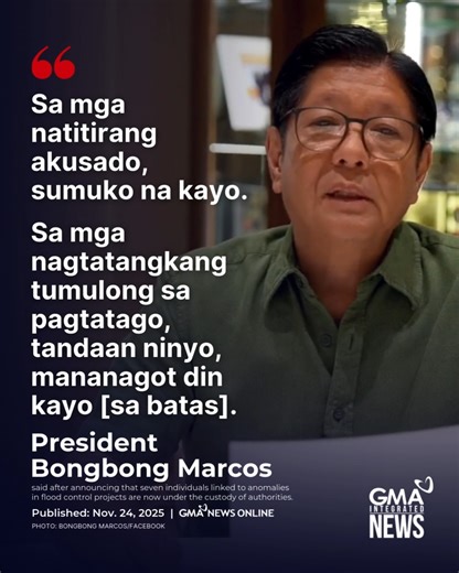 365K views · 25K reactions | "NASA KUSTODIYA NA NG ATING MGA AWTORIDAD" JUST IN: President Ferdinand "Bongbong" Marcos Jr. on Monday said that seven individuals linked to anomalies in flood control projects are now under the custody of authorities. He urged others with arrest warrants to surrender. Read more: https://www.gmanetwork.com/news/topstories/nation/967180/marcos-7-linked-to-flood-control-mess-now-under-authorities-custody/story/ | GMA News | Facebook