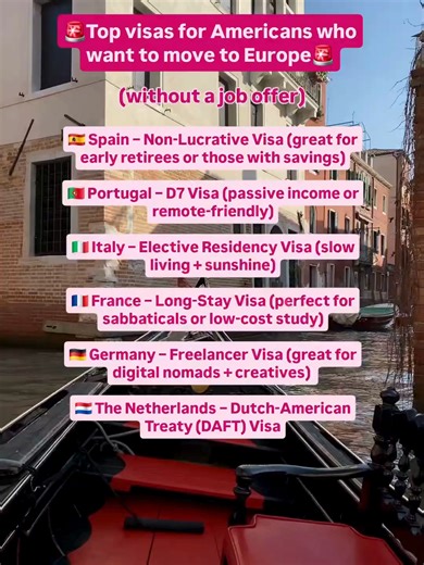 🇪🇺 No job offer? No problem. These are the top visas Americans are using to move to Europe legally — and start a whole new chapter 🌍✨ Whether you’ve got savings, passive income, remote work, or want to take a sabbatical… There’s a legal path for you. 🛂 Spain, Portugal, Italy, France, Germany, the Netherlands — each has visa options for Americans who want a slower, safer, more affordable life abroad. But which one fits your lifestyle, income and timeline best? 👇🏽 Comment CALL below to book 