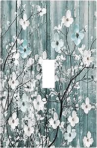 Rustic White Flower Blue Wood Plank 1 Gang Light Switch Covers Single Toggle Wall Plate Decorative Switchcover Electrical Switchplate for Farmhouse Country Bedroom Decor