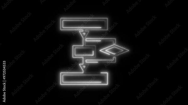 Workflow Diagram Icon in Video HD Neon Animation Process and Strategy Symbol with Dynamic Glow on Black Background