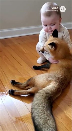 Baby grabs the fox and “helps” clean the floor 😂🦊 #baby #fox #funnyfox #babyandfox #cuteanimals