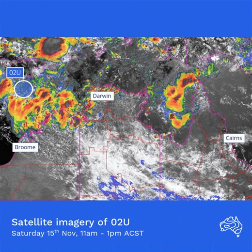 A tropical low pressure system is forming in Australia's northern waters this weekend. This weak wind circulation, known as 02U, has the possibility to develop into a much stronger weather system. It is currently sitting about 700km north of Broome and moving very slowly. It will gradually move eastwards over the week ahead, moving closer to the Top End of the Northern Territory. This weather system carries the potential to develop into a tropical cyclone. If this happens, it will be the first t