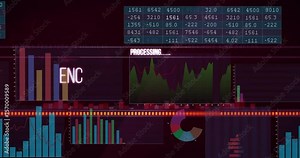 PROCESSING overlay appearing initiating ENCRYPTED DATA TRANSFER, bar filling, charts updating on UI Stock Video