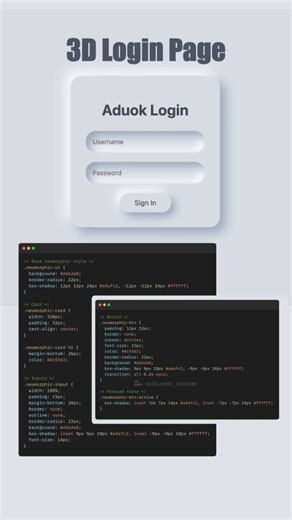 Aduok Code | Neumorphic Login UI Using HTML & CSS 🔥 Create a modern neumorphic login form using HTML and CSS with soft shadows and clean UI design.... | Instagram
