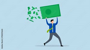 Lose money investment in financial crisis, 4k animation of Businessman holding large dollar banknote money as it deteriorates, crumbles, and loses value.
