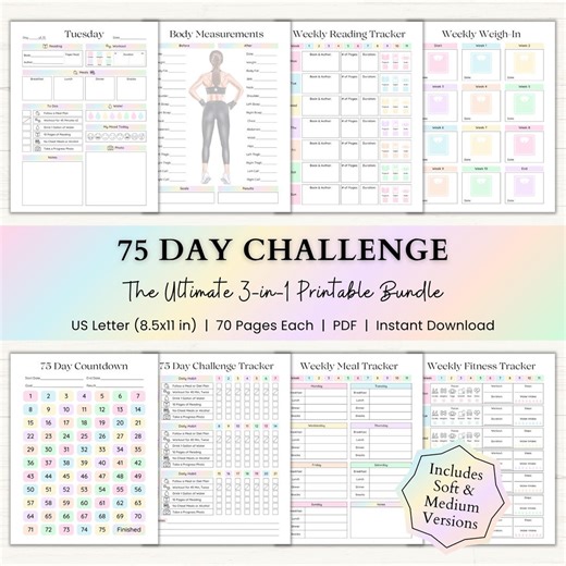 75 Day Challenge Printable Bundle: Fitness Planner, Workout & Habit Tracker, Weight Loss Journal, 75 Soft   Medium Challenge (PDF) – Rainbow - Etsy