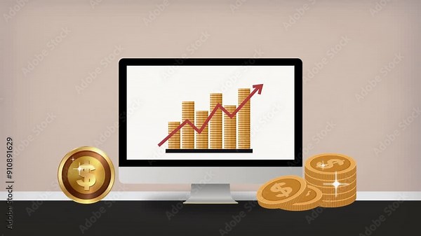Animation of a financial business animation featuring gold coins and a computer displaying an earnings growth chart with an upward trend.