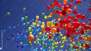Many colorful balloons rise and fly across the sky. Red, blue,orange, yellow and green balloons fly across the blue sky. Fly away in height, colliding with each other. Concept - celebration, fun