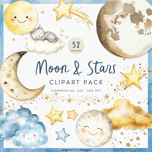 Moon and Stars Watercolor Clipart, Cute Celestial Birthday Invitation, Gold Crescent Moon Pngs, Heaven Sent Baby Shower, Nursery Wall Art - Etsy