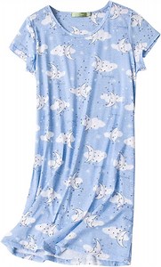 Women's Cotton Nightgown Sleepwear Short Sleeves Shirt Casual Print Sleepdress Blue Moon XL