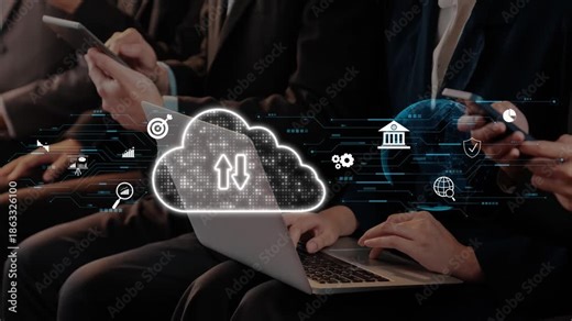 A diverse group of business professionals actively using digital devices in an office setting, surrounded by cloud computing visuals and networking graphics. Raster