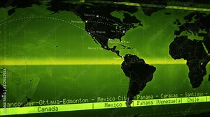 World map showing well-known cities and times zones with connections. Green. Loopable. Cities names. More options in my portfolio.