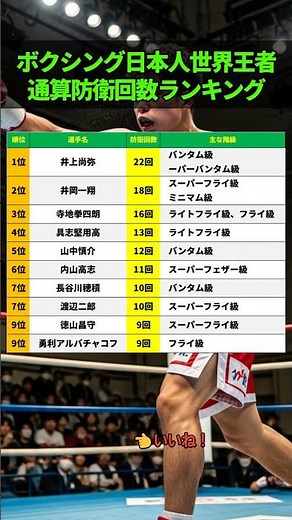 ボクシング日本人世界王者通算防衛回数ランキング
