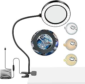 10X Magnifying Glass Lamp with Light, Magnifier Light with Clip, 3 Color Modes Stepless Dimmable & 10 Brightness Levels, Adjustable Swivel Arm Magnifier for Close Work, Reading, Crafts, Repairing