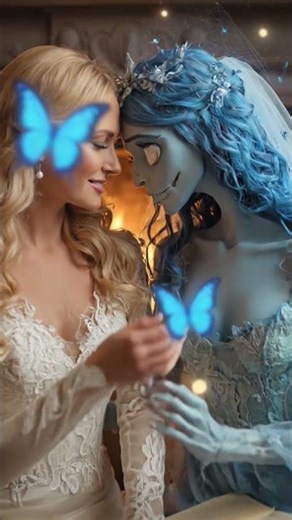 Ready Or Not Bride Named Grace and Corpse Bride Emily Bride kiss each as their wedding as wives