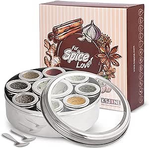 Large Spice Container Masala Dabba With 9 Compartments, Masala Box, Spice Container Box, Stainless Steel Spice Box Indian Masala Dabba with Transparent Lid