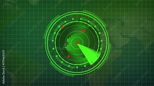 Green Radar Display Showing Earth Map With Red Targets And Scanning Beam screen world. Glowing green radar display with Earth map, red targets, and scanning beam represents monitoring and alerts.
