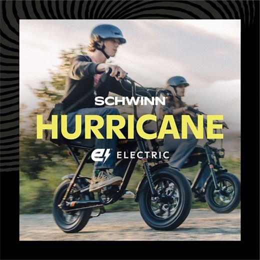 ⚡️Meet the next-gen Hurricane! Ride the Storm ⚡ The Hurricane Compact E-bike is all about fast-moving fun, and it starts with the eye of the storm-- the throttle. Hop on and take off with just a twist of the wrist. It's going to get a little windy. #RideTheStorm #SchwinnHurricane Check it out: https://ow.ly/4aw150TUWCA | Schwinn Bikes