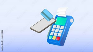 Payment terminal, a modern POS-bank payment device. A payment device with an NFC keyboard. A credit card reader. Animation of a contactless payment system.