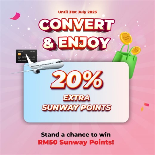 Looking for more reasons to convert your Bank & Airline points to Sunway Points? From now until July 31, 2023, get an additional 20% Sunway Points (capped at 1,200 points) for each conversion made! Plus, stand a chance to win 5,000 Sunway Points in our lucky draw. Don’t miss out on this limited-time offer and experience more with Sunway Points. #SunwayPoints #ConvertNow #LuckyDraw #SunwaySuperApp #airlines #banks | Sunway Super App