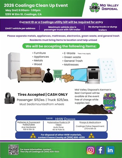 Good morning Coalinga! Don’t forget to take advantage of the upcoming clean-up event hosted by Mid Valley May 2nd, 2026! This is a great opportunity for residents to properly dispose of large, bulky items that can clutter properties and take away from the beauty of our neighborhoods. Let’s work together to keep our community clean, safe, and looking its best. Gather those unwanted items and make a positive impact one property at a time! #cityofcoalinga