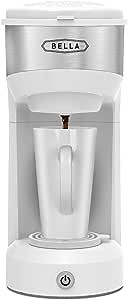 BELLA Dual Brew Single Serve Coffee Maker, Brews both Kcup and Ground Coffee, Large 14oz Capacity, Easy One Touch, Auto Shutoff, White